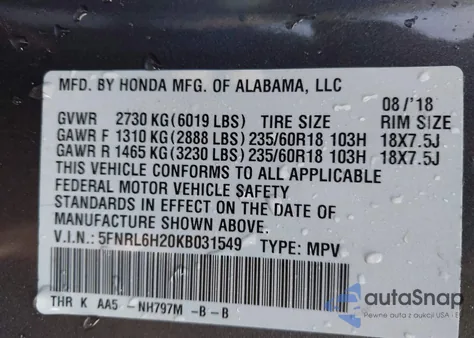 2019 Honda Odyssey Lx from USA, damaged, VIN 5FNRL6H20KB031549
